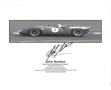 John Surtees World Champion Car &amp; Motor Cycle racer signed 14 x 11 print. Good Condition. All signed pieces come with a C