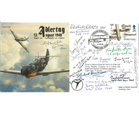 WW2 RAF Battle of Britain fighter aces multiple signed flown Adlertag cover JSCC54, 1998. Eighteen autographs including P Mor