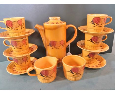 A 1970's Royal Worcester Palissy coffee set in the Taurus pattern, a six place setting, comprising: coffee pot, open sugar bo