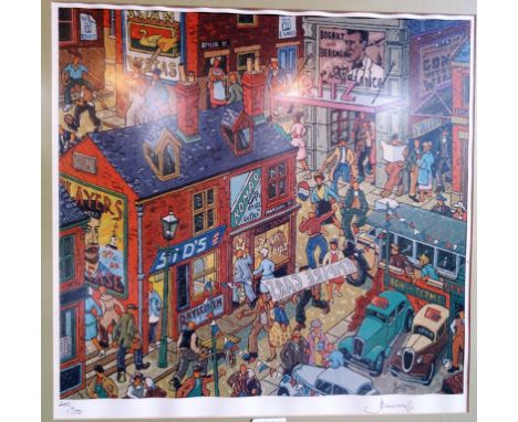 After Joe Scarborough, English (born 1938), a humorous study of a Sheffield scene, limited edition print no. 240/700, signed 