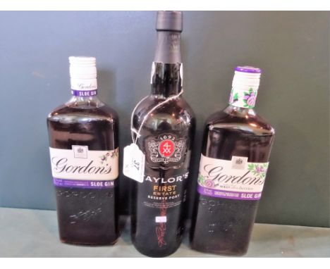 Two bottles of Gordon's Sloe Gin, 70cl (26% vol), together with a bottle of Taylor's First Estate Reserve Port, 75cl (20% vol