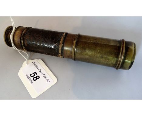 An early 20th century brass and leather three draw telescope, the barrel stamped with 'The Liver' trademark (40cm extended).