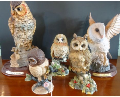 Five ceramic owl figurines, to include examples by Regency Fine Arts and The Leonardo Collection.
