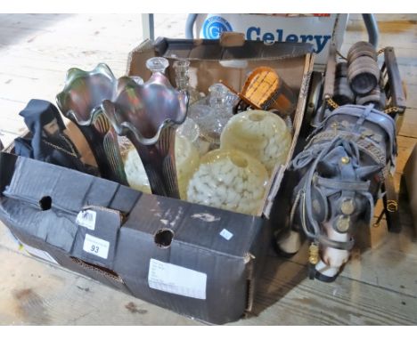 A large ceramic horse and brewers dray, together with a box containing assorted glass, to include: mottled lampshades, presse