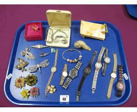 Assorted Costume Jewellery, including ladies wristwatches, brooches including Butler &amp; Wilson, modern marcasite set heart