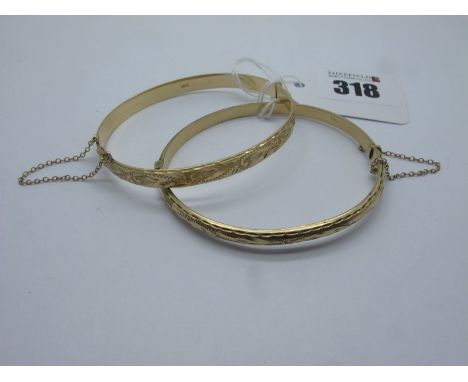 A 9ct Gold Hinged Bangle, leaf scroll engraved to the front (10grams); Together with Another 9ct Gold Hinged Bangle, (5.2gram