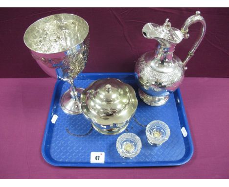 A Pair of Hallmarked Silver and Cut Glass Salts, together with a large decorative plated goblet; a lidded jug and a caddy / l