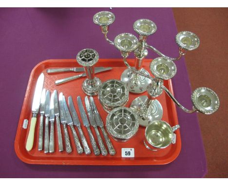 Hallmarked Silver Handled and Other Tea Knives, a pair of twin branch three light candelabra, posies, mug :- One Tray 