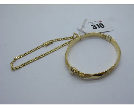 A Modern Fancy Link Bracelet, stamped "750" (8.9grams); Together with A Modern Hinged Bangle, stamped "750" (9.7grams). (2)