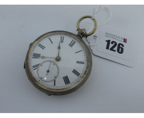 An Openface Pocketwatch, the unsigned dial with black Roman numerals, within engine turned case, stamped "Fine Silver".