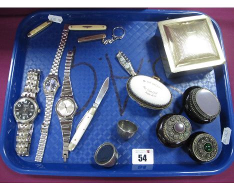 Swatch and Other Modern Wristwatches, trinket pots, an engine turned plated cigarette box, penknives etc :- One Tray 
