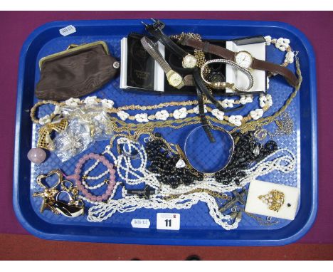 Assorted Costume Jewellery, including fresh water pearls, ladies wristwatches, rosary beads, brooches, chains, engine turned 