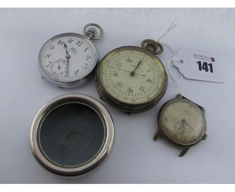 An Openface Pocket Stopwatch, within engine turned case; together with an Elco openface pocketwatch and a gent's wristwatch h