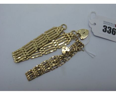A 9ct Gold Gate Link Style Bracelet, to 9ct gold heart shape padlock style clasp (safety chain broken); together with another