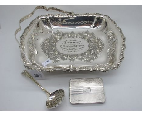 A Hallmarked Silver Compact / Case, stamped "A835" of rectangular form, allover engine turned and initialled "SFC", with inte