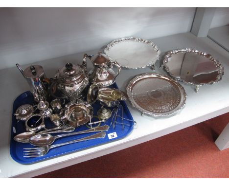 Assorted Plated Ware, including salvers, tea wares, sauce boat, three piece cruet set, ashtray, novelty thimble tot, serving 