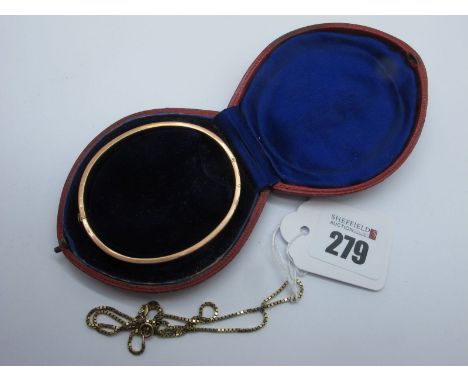 A 9ct Gold Hinged Bangle, foliate engraved to the front (lacking safety chain) (6.5grams), in a fitted case; together with a 