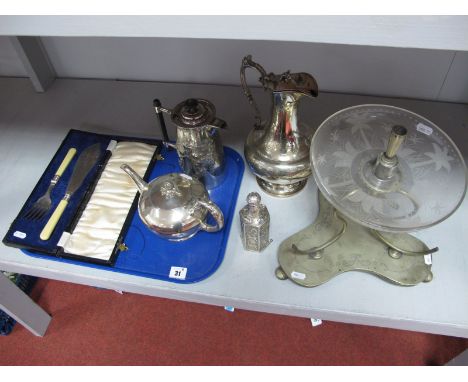 Plated Ware, including Samuel Hancock &amp; Sons lidded jug, of baluster form with scroll handle, an epergne with dish (lacki