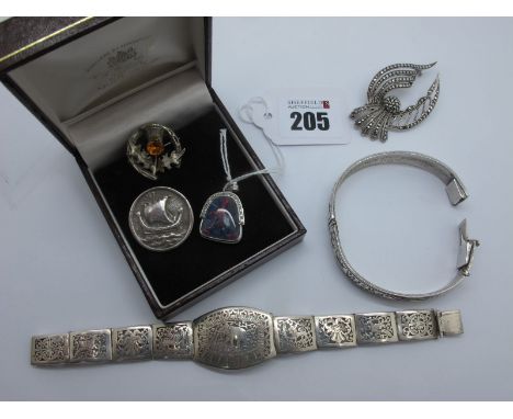 A Modern Panel Pendant, stamped "K18"; A Scottish Hallmarked Silver IONA Brooch, a marcasite set brooch stamped "Sterling Sil