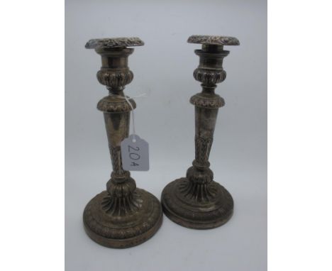 A Pair of Hallmarked Silver Candlesticks, John &amp; Thomas Settle, Sheffield 1814(?), nozzles HB&amp;H, Sheffield 1831, deta