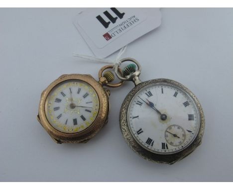 A 9ct Gold Cased Fob Watch, the decorative dial with black Roman numerals, within engrave case highlighted in enamel (hinge d