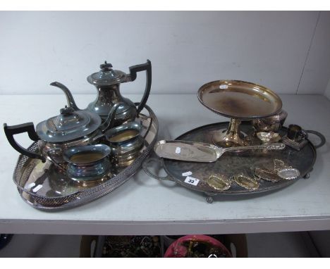 A Plated Four Piece Tea Set, oval plated trays, decanter labels, caddy, comport, crumb scoop etc. 