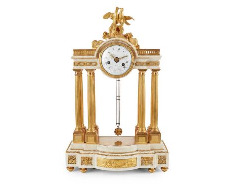 the enamel dial surmounted by love-birds, and raised on six columns, on a stepped bowed base, the eight-day movement striking