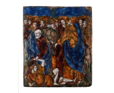polychrome enamel with traces of gilding 23cm high, 20cm wideFootnote: Note: The plaque is likely to have been part of 37 pla