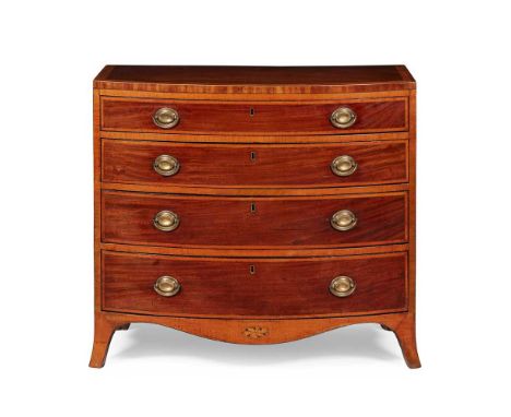 the crossbanded top above four long graduated and crossbanded drawers, raised on French bracket feet91cm wide, 82cm high, 53c
