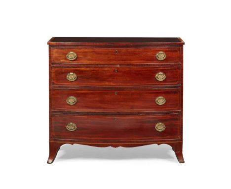 the crossbanded top above four long graduated drawers outlined with stringing, raised on French bracket feet113cm wide, 101cm