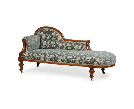 comprising a chaise longue, a two-seat settee, a chair, and six further side chairs, in blue floral cut velvet upholstery, on