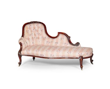 the shaped back with buttoned upholstery above a long serpentine seat, raised on cabriole legs with ceramic castors163cm long