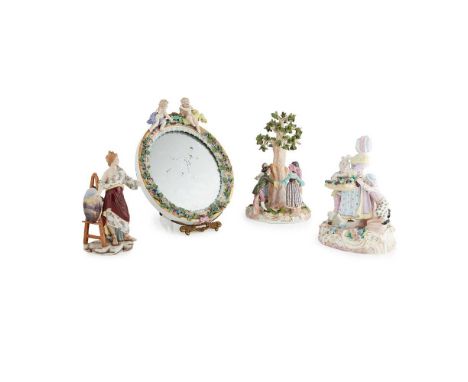 to include three Dresden Meissen style figure groups; together with a MEISSEN FOLIATE ENCRUSTED EASEL MIRRORMirror 35cm high,