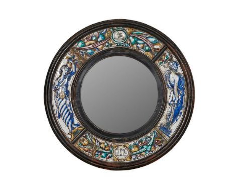 the mirror plate enclosed by four relief enamel on copper margin plates depicting figures representing Abundance and fruit-fi