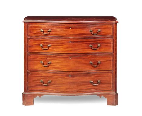 the top with a moulded edge over four long graduated drawers outlined with stringing and flanked by angles with further line 