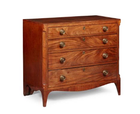 the crossbanded top with key inlaid banding above four graduated drawers flanked by angles outlined with stringing, raised on