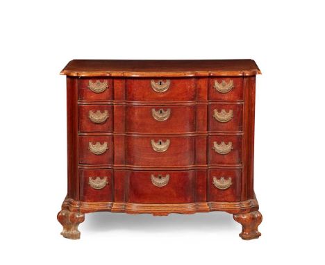 the shaped top with a moulded edge above four graduated serpentine drawers, raised on ogee bracket feet101cm wide, 86cm high,