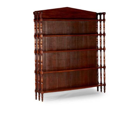 with five shelves with reeded fore-edges, the top shelf with a pediment back, raised and divided by ring turned baluster supp