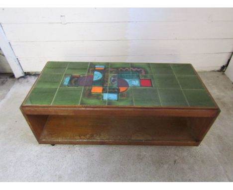 Retro tile topped coffee table on wheels H42cm Top 51cm x 111cm approx&nbsp;