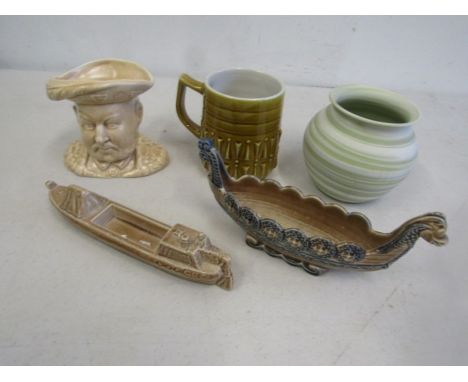 Wade boats, Falconware toby jug, Hornsea mug and studio pottery vase