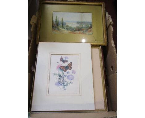 A Victorian watercolour signed Stacey, Christopher Bacon Cley Mill print, embroidery and other pictures and prints