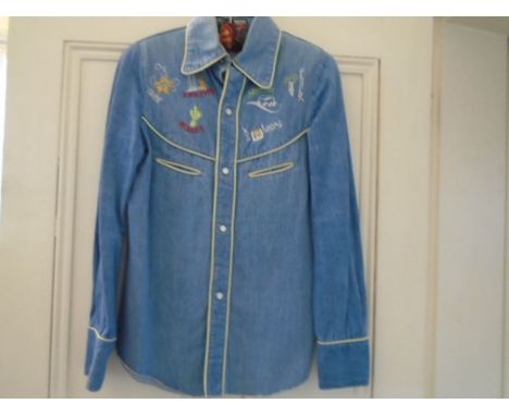 1970'S vintage denim shirt/jacket by Marshall lester with embroidered american state names&nbsp;