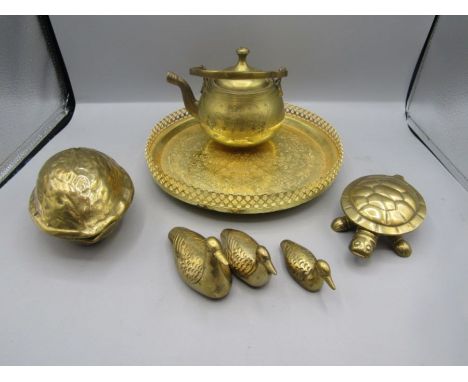 Brass walnut nutcracker, lidded tortoise, 3 ducks a teapot and a tray