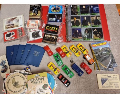 Collectors lot Hand Signed CSI cards beer mats Corgi Cars and Trading Cards