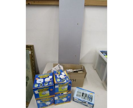 4 boxed jewellery cleaners, box lightbulbs, tool set and a floating shelf