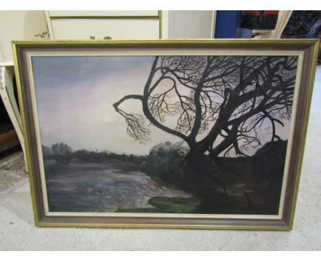 Framed signed oil on canvas of a tree and lion print&nbsp;