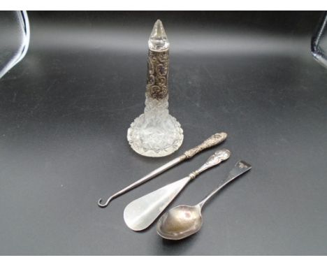 A silver collared glass scent bottle (Sheffield, 1903 by Walker &amp; hall) has slight chip to stopper at bottom, a silver ha