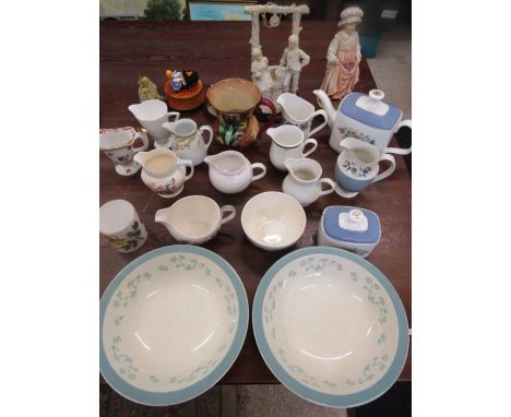 Doulton teapot. jug and bowl and 2 bowls and a quantity of various jugs and few figurines