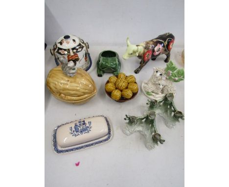 Studio pottery walnut lidded pot (repaired) flat back vases, glazed ceramic nuts, Tupton ware cow, Imari vintage biscuit barr