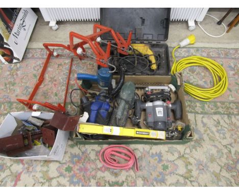 Tools inc Dewalt sds drill, Bosch sander, electric planer, plunging router and bits, ironmongery, 2 ratcheting pipe clamps, 1